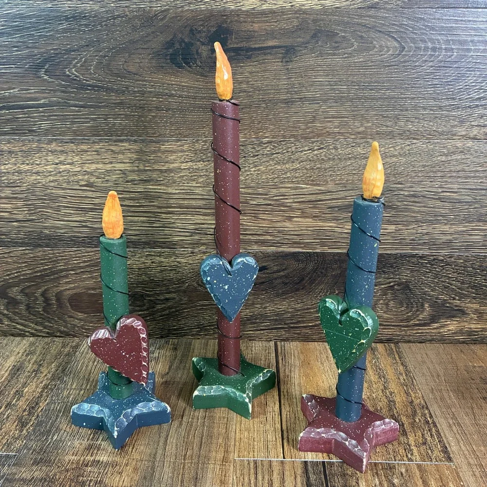 Primitive Wooden Candle Set 3 Rustic Heart Star Base Distressed Folk Art Decor